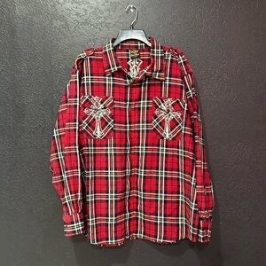RAW BLUE Men’s Red Plaid Cross Embroidered Long Sleeve Button Down Shirt Size 3X